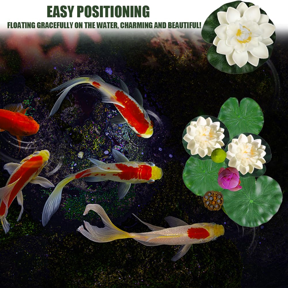 Lot de 7 fleurs de lotus artificielles flottantes pour décoration d'étang, feuillage et fleur en mousse pour étang, terrasse, jardin, piscine, aquarium, 2 styles