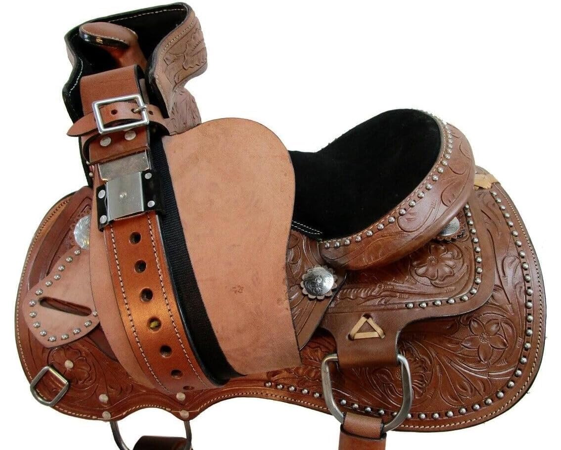 Bambini Giovani Pony Sella Pelle Western Horse Bambini Barrel Trail Floral Tooled 25,4 cm 27,9 cm 30,5 cm