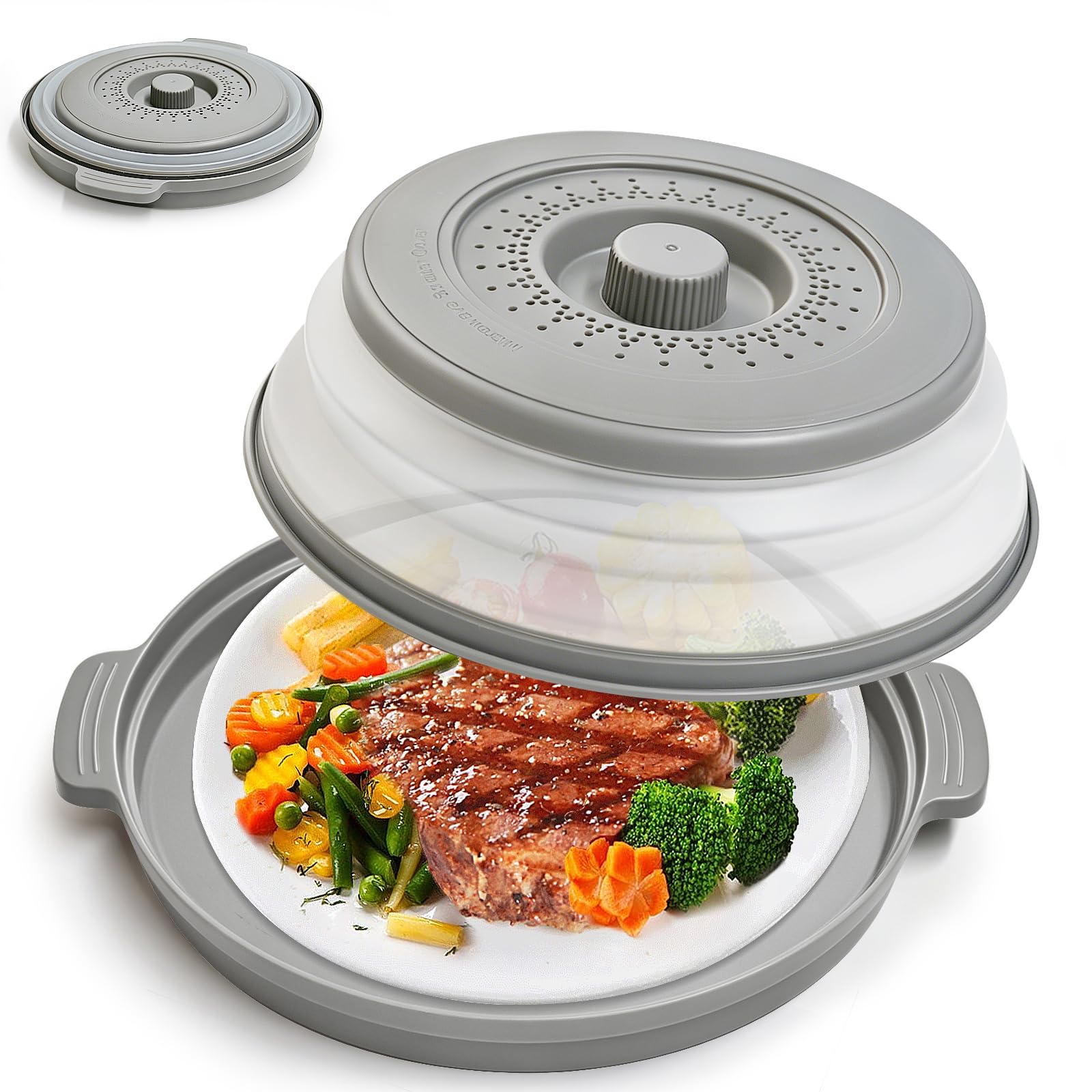 Collapsible Microwave Food Covers, Microwave Cover with Base Mat for Food, Gray Silicone Microwave Splatter Guard, Free BPA, Dishwasher Safe, Multi-Functional Basket Strainer for Fruit Drainer