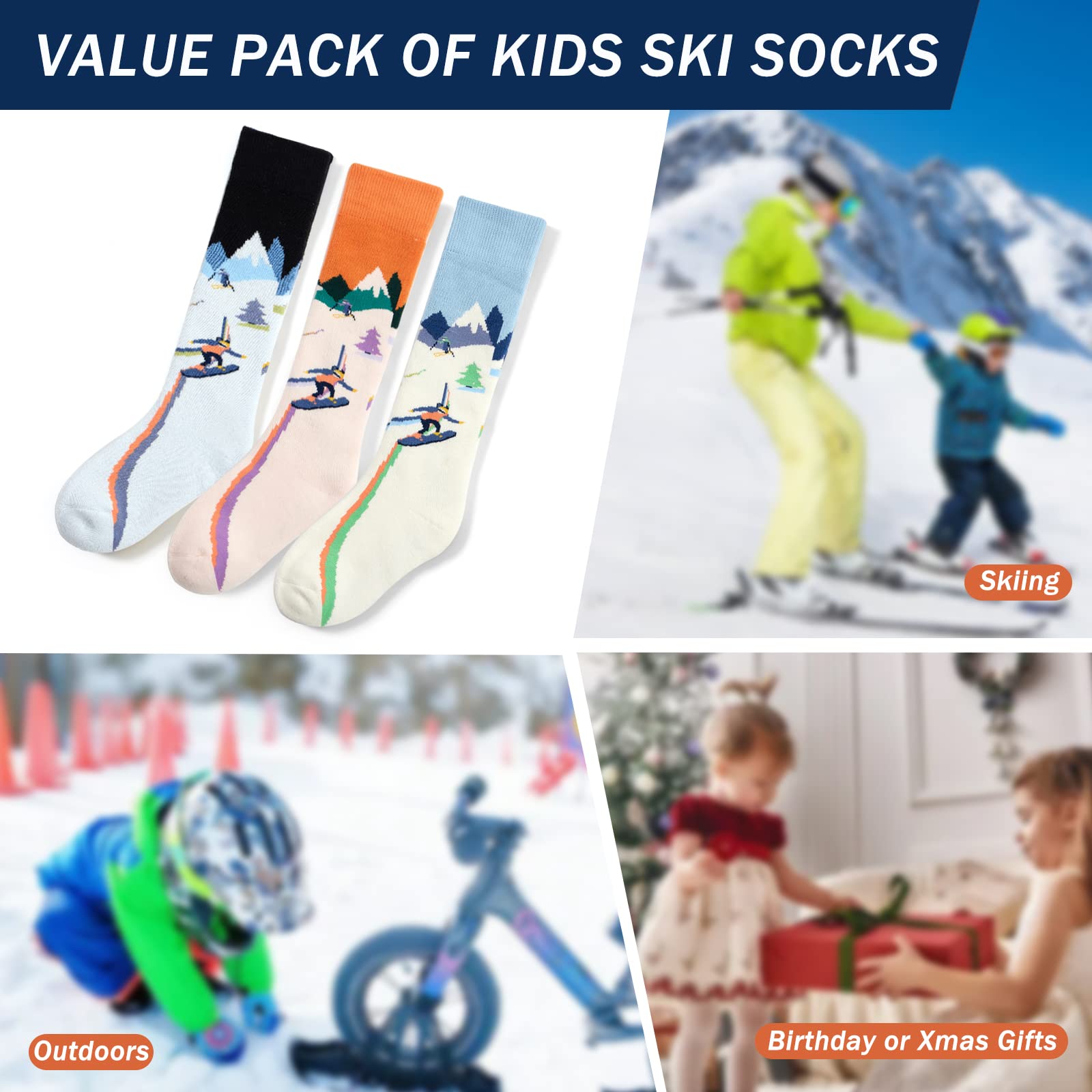 Lot de 3 paires de chaussettes de ski chaudes pour garçons - Chaussettes thermiques confortables pour garçons