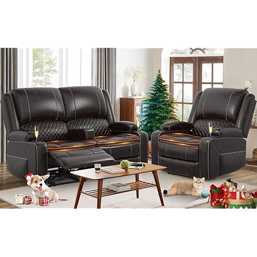 Loveseat Recliner Sofa Set with 2-Tier Cushion, 2+1 Pieces in Living Room, 2 Seater Reclining Loveseat Leather with Removable Console, 1 Oversize Recliner Chair Sofa Seat