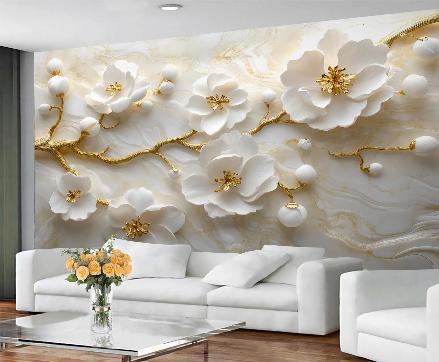GIVLWF 3D Floral Wallpaper for Bedroom, Gold Branch Sculpture Wallpaper for Living Room, White Flower Murals for Walls, Non Self Adhesive Marble Wall Paper & Home Decor