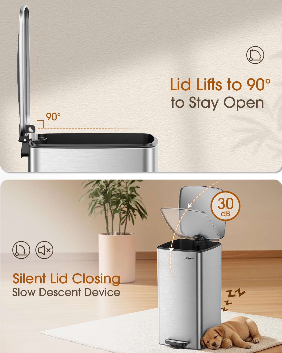 Lovewind Kitchen Trash Can with Lid, 8 Gallon/30 L Footstep Garbage Can for Kitchen Bedroom Home Office, 30 Liter Trash Bin Brushed Stainless Steel Waste Bin with Soft-Close Lid,Silver - Image 5