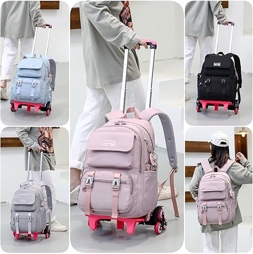 Miniatura 2 de MITOWERMI Mochila con ruedas para niñas, para niños, para escuela, primaria, mediana, con ruedas, mochila con ruedas para niños, Rosa de 6 ruedas