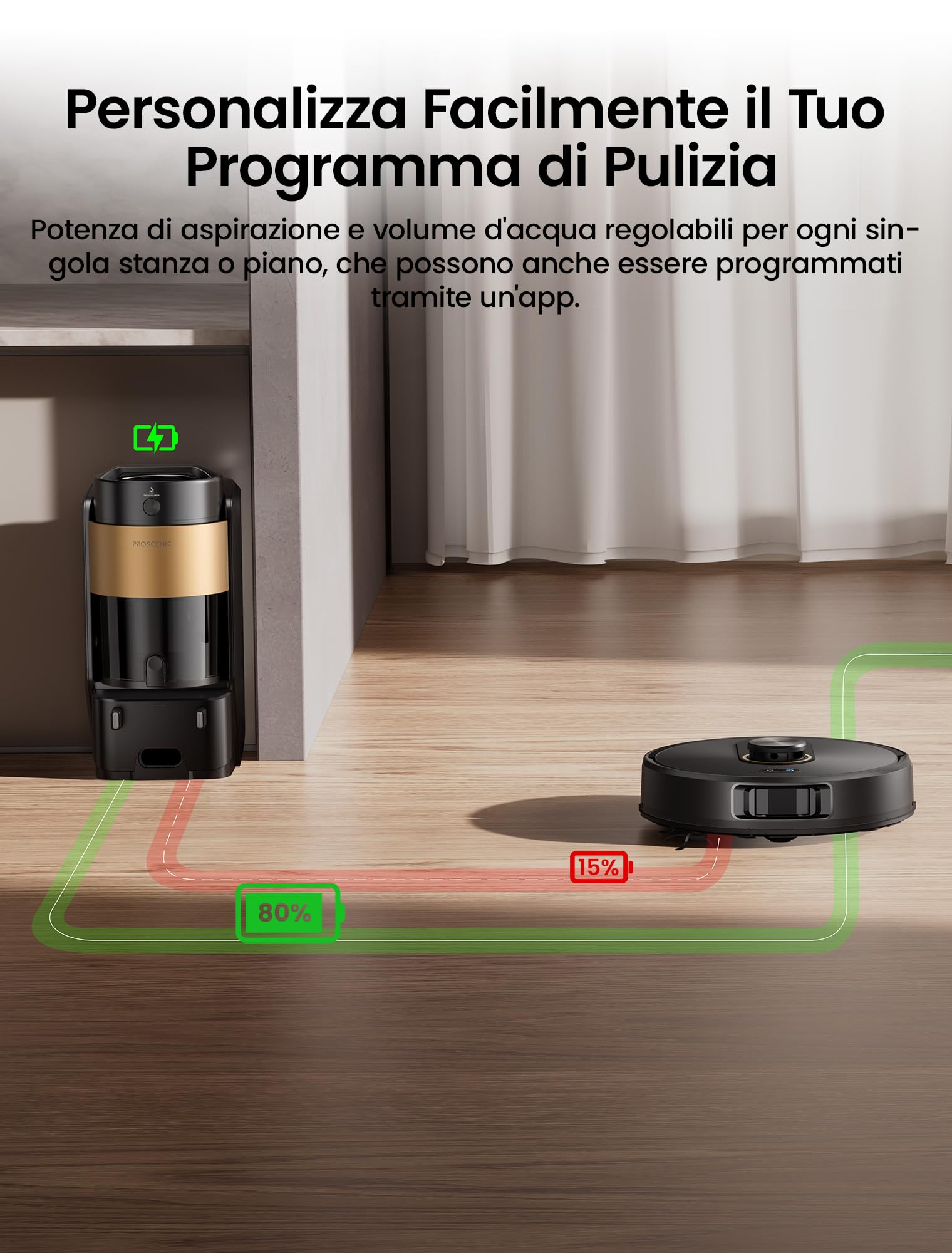 Proscenic Q20 Plus Robot Aspirapolvere Lavapavimenti con Mappatura 10000Pa, 200 Minuti Autonomia, Senza Sacco,Aspirapolvere Robot Lavapavimenti Mappatura con Stazione per Tappeti/Pavimenti