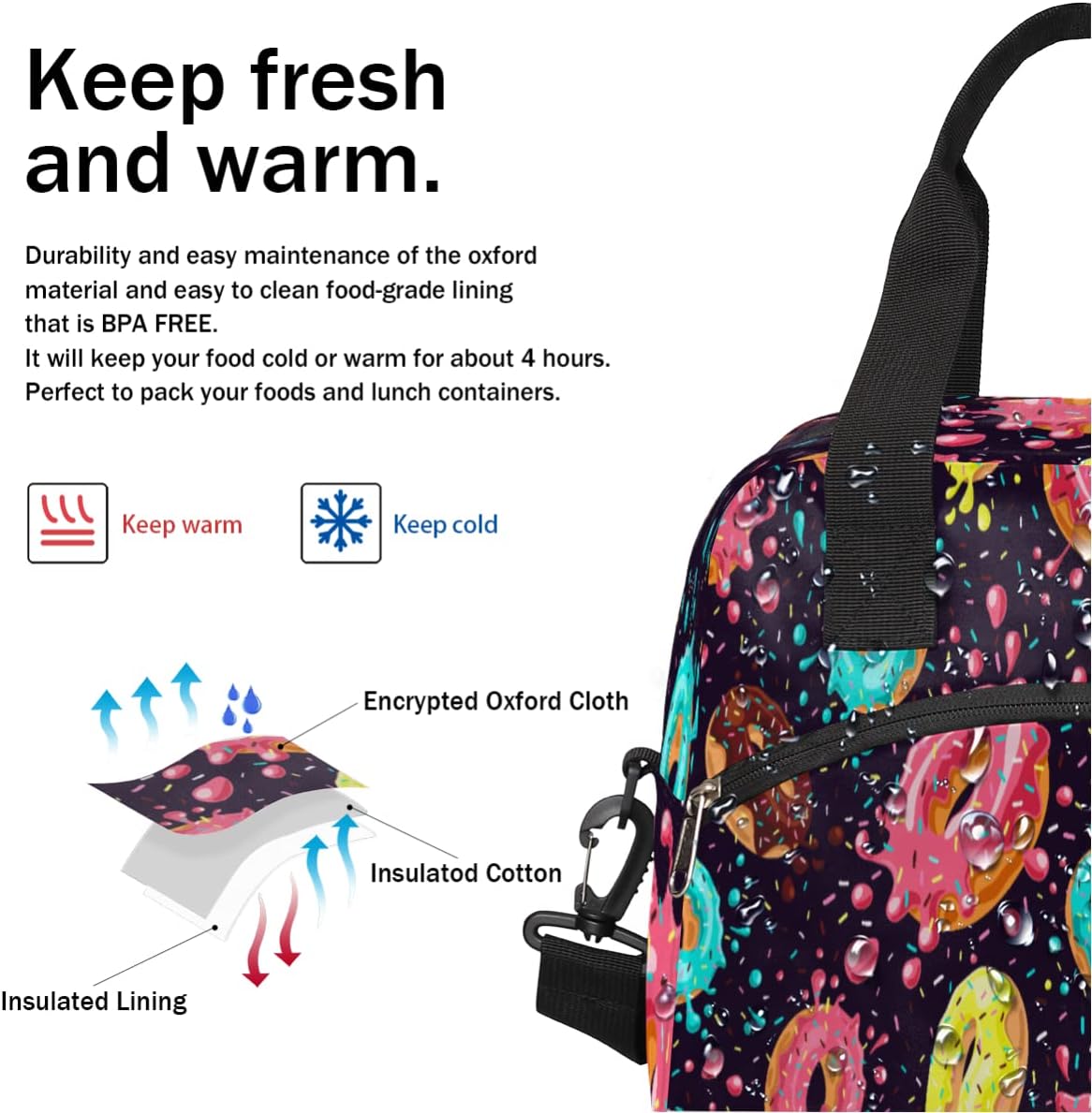 Insulated Lunch Bag Women Men Colorful Funny Donut Large Reusable Lunch Box Leakproof Lunch Tote Bag Cooler Bag with Adjustable Shoulder Strap Travel Picnic Work Beach