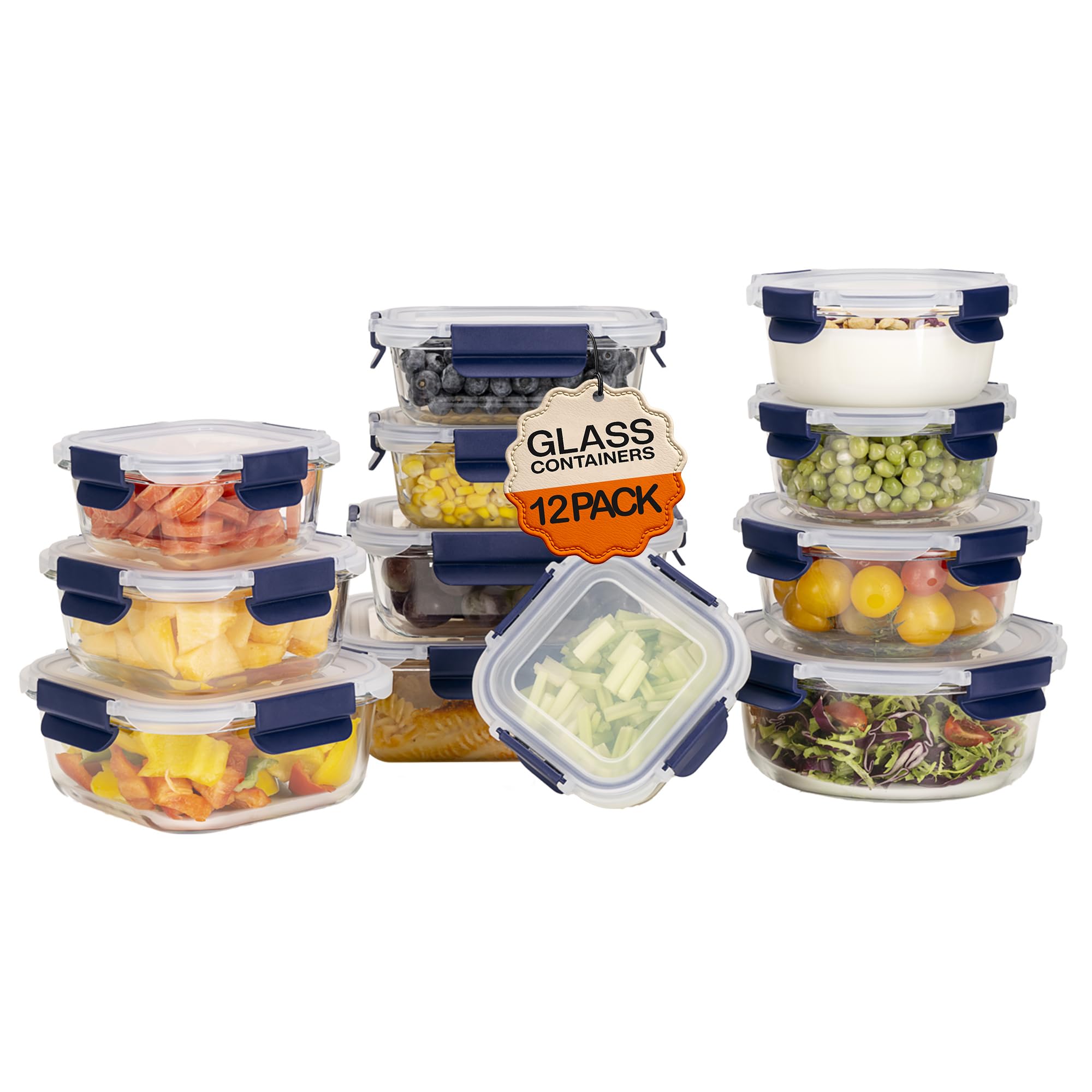 Houszy Blue Glass Food Containers With Airtight Lids, 12 Pack Borosilicate Meal Prep Storage Containers, Leakproof, Oven, Microwave, Freezer And Dishwasher Safe,