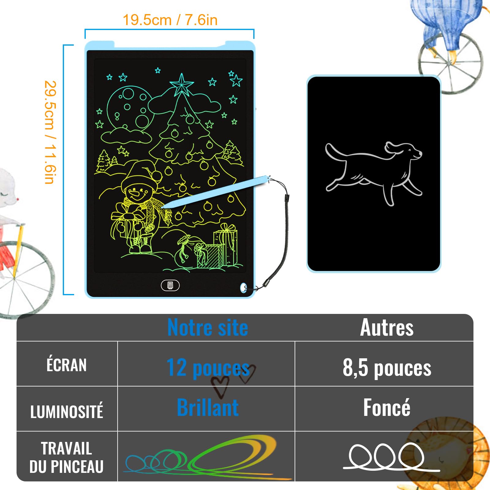 2 Tablettes écriture LCD Colorées 12 Pouces - Pour Enfants, Verrouillage, Effaçable