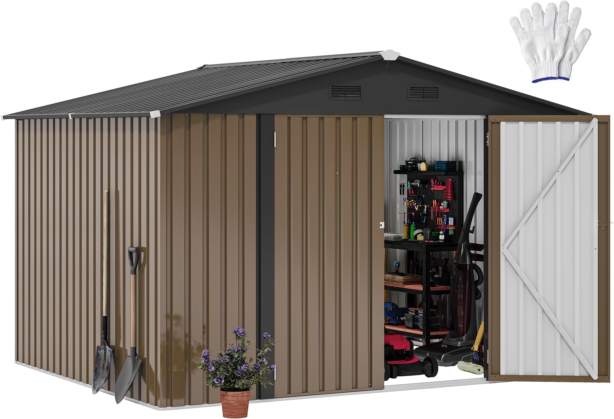 DWVO 10'x8' Large Metal Outdoor Storage Shed, Heavy Duty Tool Storage Sheds for Backyard Patio Lawn - Ideal for Bicycles, Garden Tools, and Lawn Equipment, Easy-to-Assemble, Brown