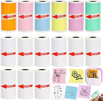 15 Rolls Thermal Sticker Paper 53x28mm for Phomemo T02/M02/M02S/PRO Mini Printers, 3.75m Mini Colorful Self-adhesive Mini Printer Paper for Memoking Mini Printer, Study Notes, Journals, Photos