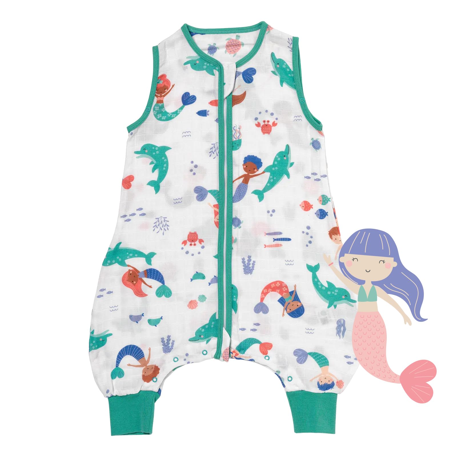 schlummersack Baby Schlafsack mit Füßen Sommer 0.5 Tog 70 cm dünn Bambus-Musselin Meerjungfrau | Schlafsack mit Beinen ungefüttert für eine Körpergröße von 70-80cm | Schlafsack Baby Sommer