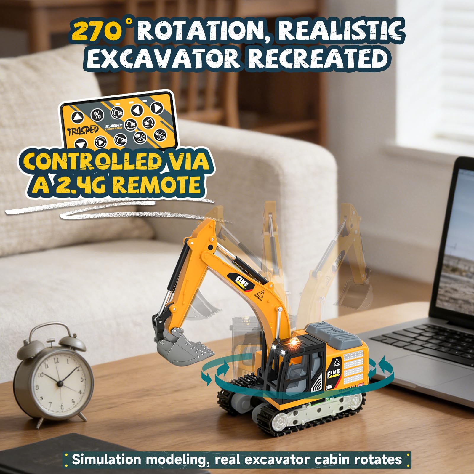 YESHIN Excavadora a Control Remoto, Juguete de Excavadora RC de 2.4 GHz con Luces y Sonidos, Mini vehículo de aleación a Control Remoto con Velocidad Ajustable — A Partir de 3 años