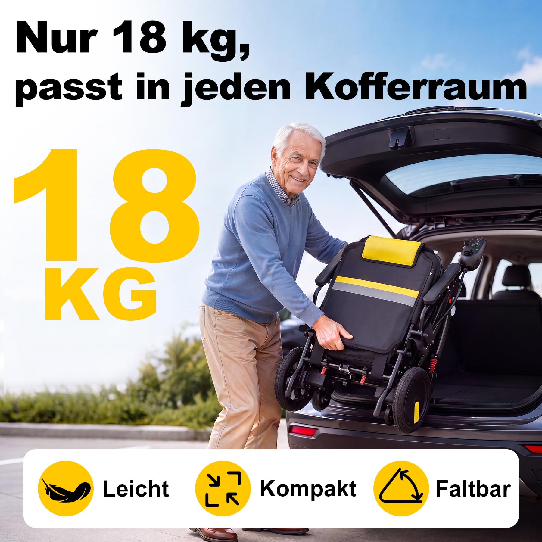 Elektrischer Rollstuhl Faltbar und Leicht, 28 km Reichweite | Intelligente Bremse, Ergonomisch, Kompakt, Flugtauglich