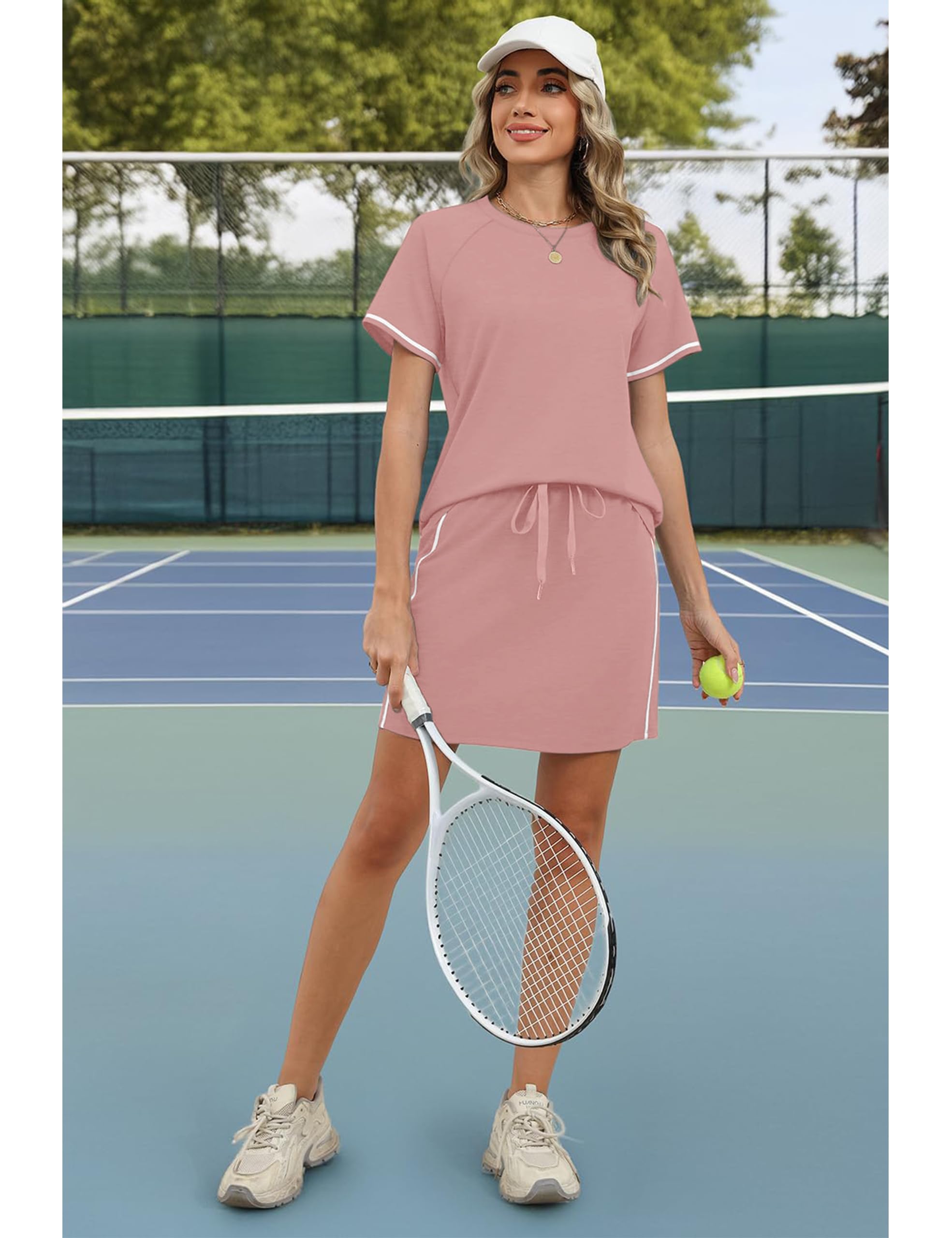 Desol Chándal de verano de dos piezas para mujer, falda de tenis hasta la rodilla, falda de tenis con pantalones cortos integrados y dos bolsillos, adecuado como falda de golf o falda deportiva