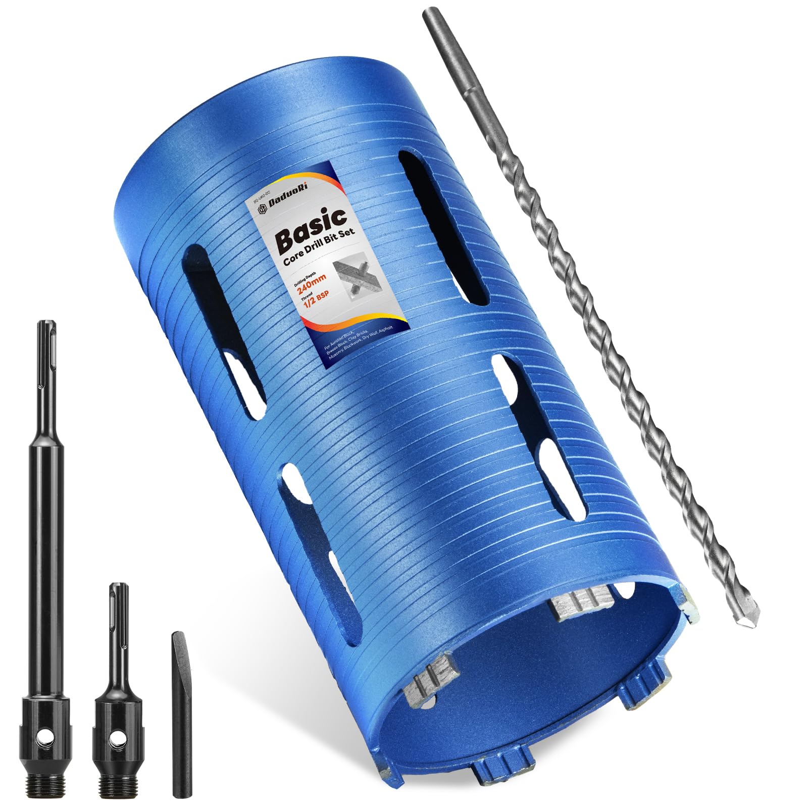 DaduoRi 127mm x 240mm Long Core Drill Bit Set with 240mm,110mm SDS Plus Adaptor & Centre Pilot Bit,Diamond Core Drill Set for Brick Block Masonry Stone,1/2 BSP Thread(For hole 125 mm) — image 1