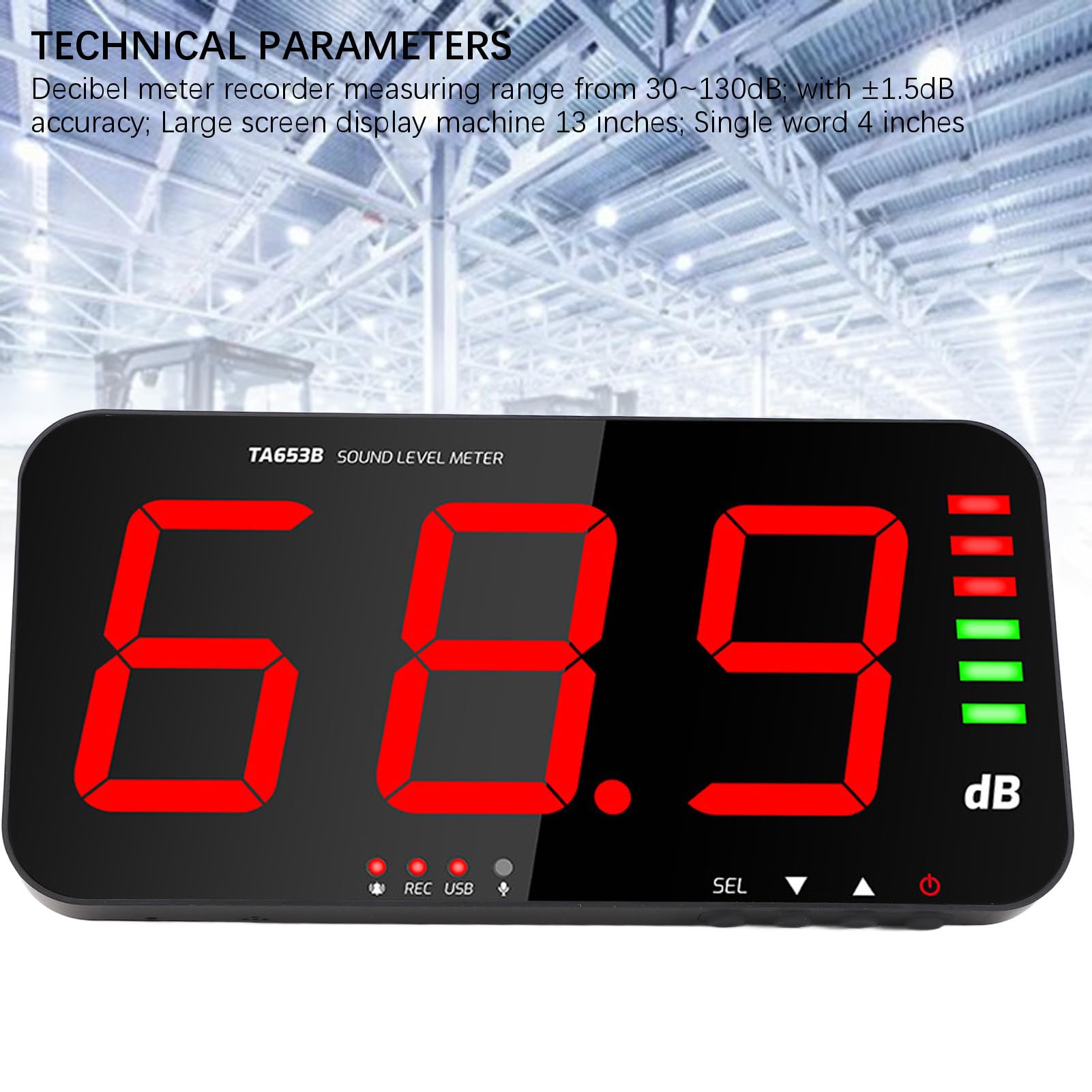 Medidor de decibelios para pantalla grande, montaje en pared, juego de medición de nivel de sonido, registrador de datos de decibelios para aula, hogar, oficina, fábrica