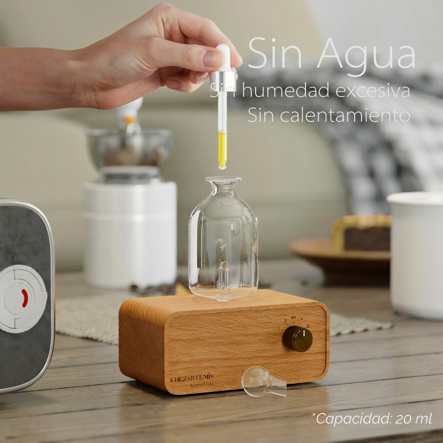 Aria Difusor de Aceites Esenciales Sin Agua, Nebulizador de Aromaterapia en Vidrio y Madera, Difusor de Aromas Inalámbrico para Hogar y Salón, Batería Recargable, Diseño Retro con Temporizador & LED