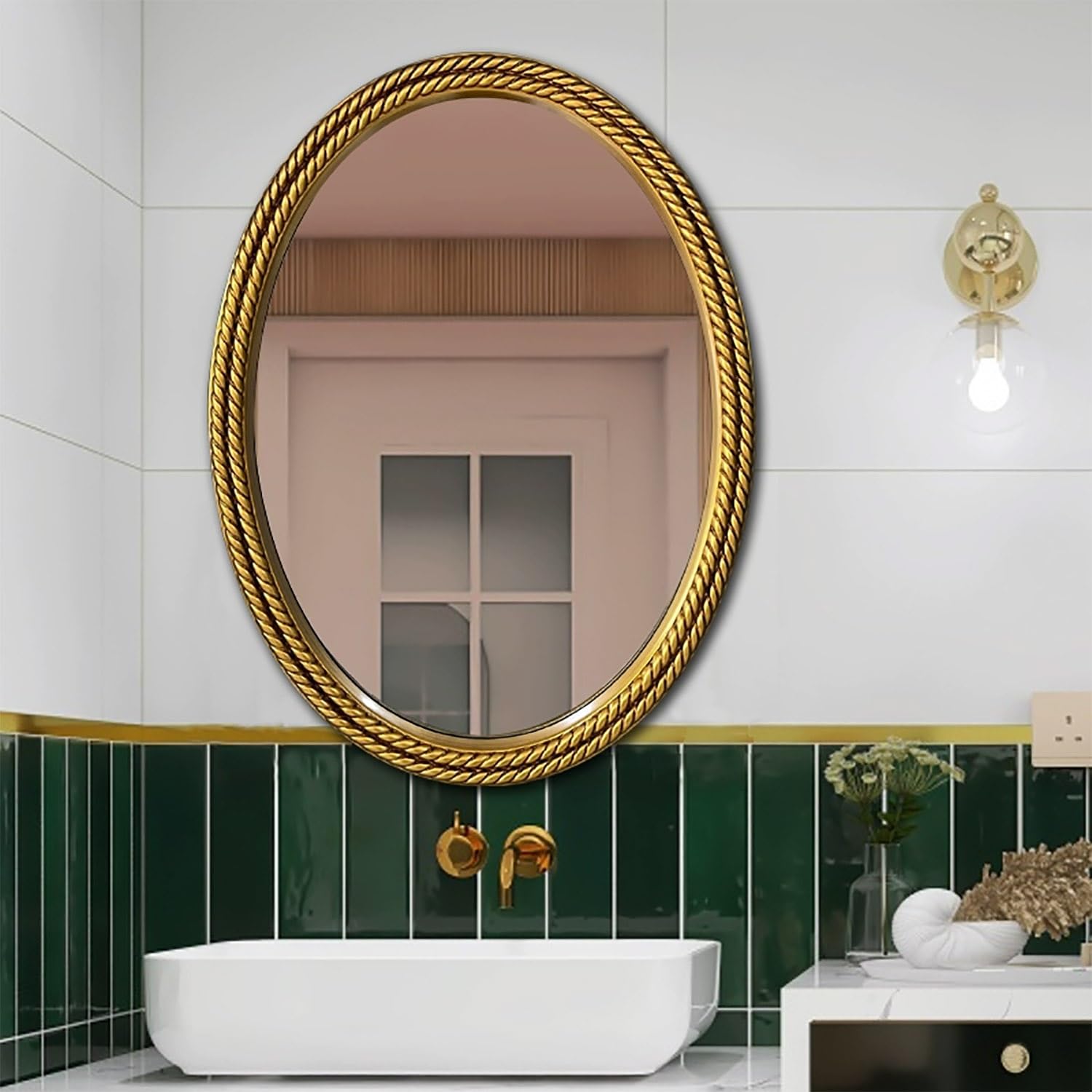 FGXHHS Elegant Oval Vanity Mirror with Carved Frame for Bathroom, Bedroom, Entryway or Dresser