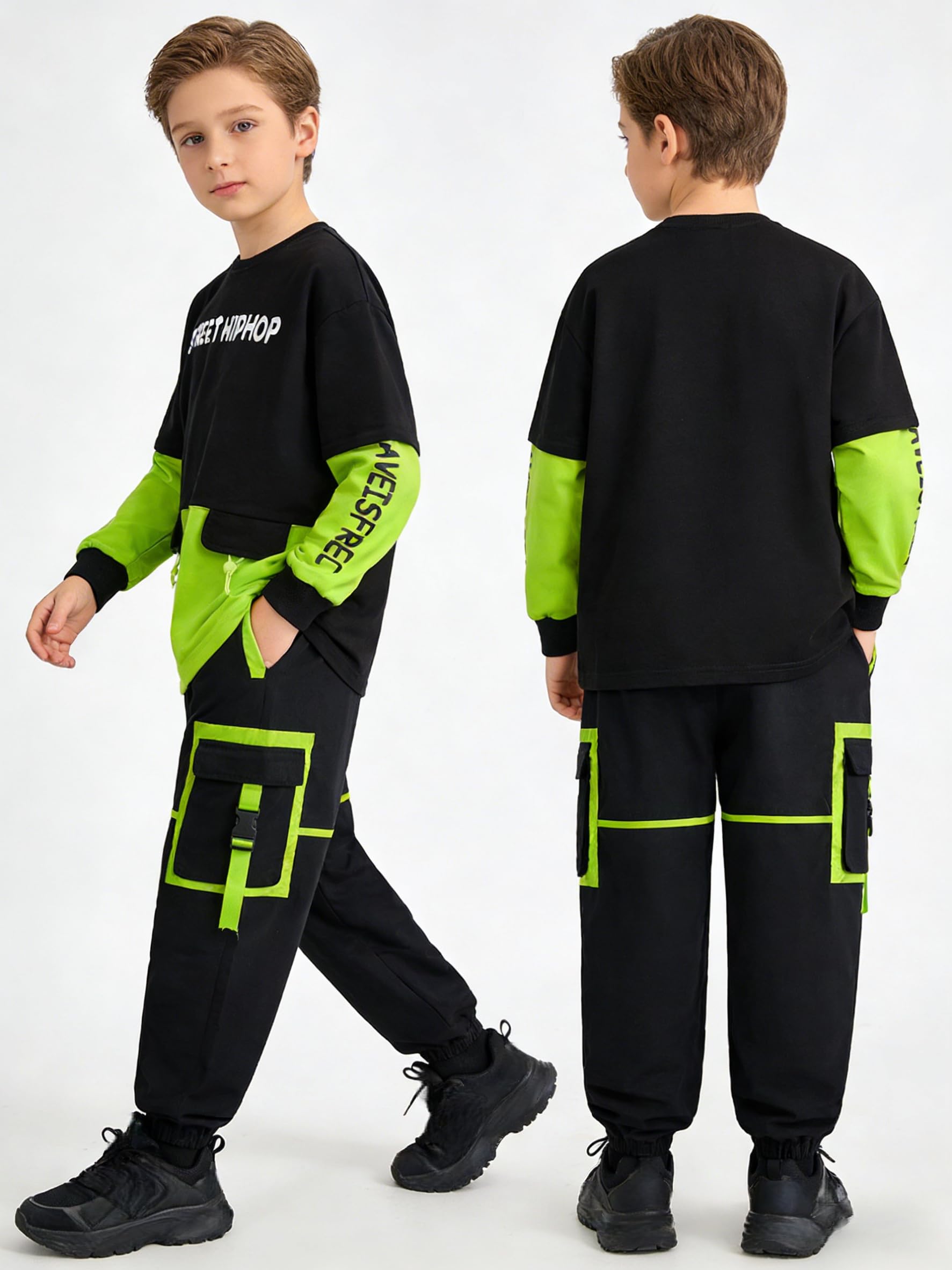 LOLANTA Jungen Hip Hop Tanzoutfit Colorblock Locker geschnittes Sweatshirt & Cargo-Hose, Streetwear Tanzkleidung Set für Kinder