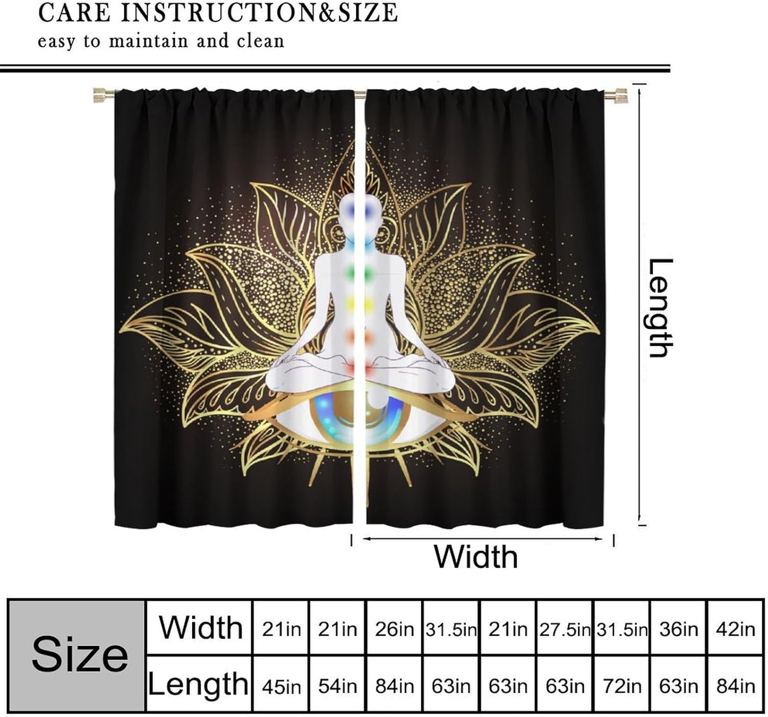 Seven Chakra Curtains Mandala Eyes Yoga Meditation Zen Hippie Golden Black Lotus Curtain with Rod Pocket for Bedroom Living Room Home Drapes Window Treatments 2 Panels Set 55" W X 63" L