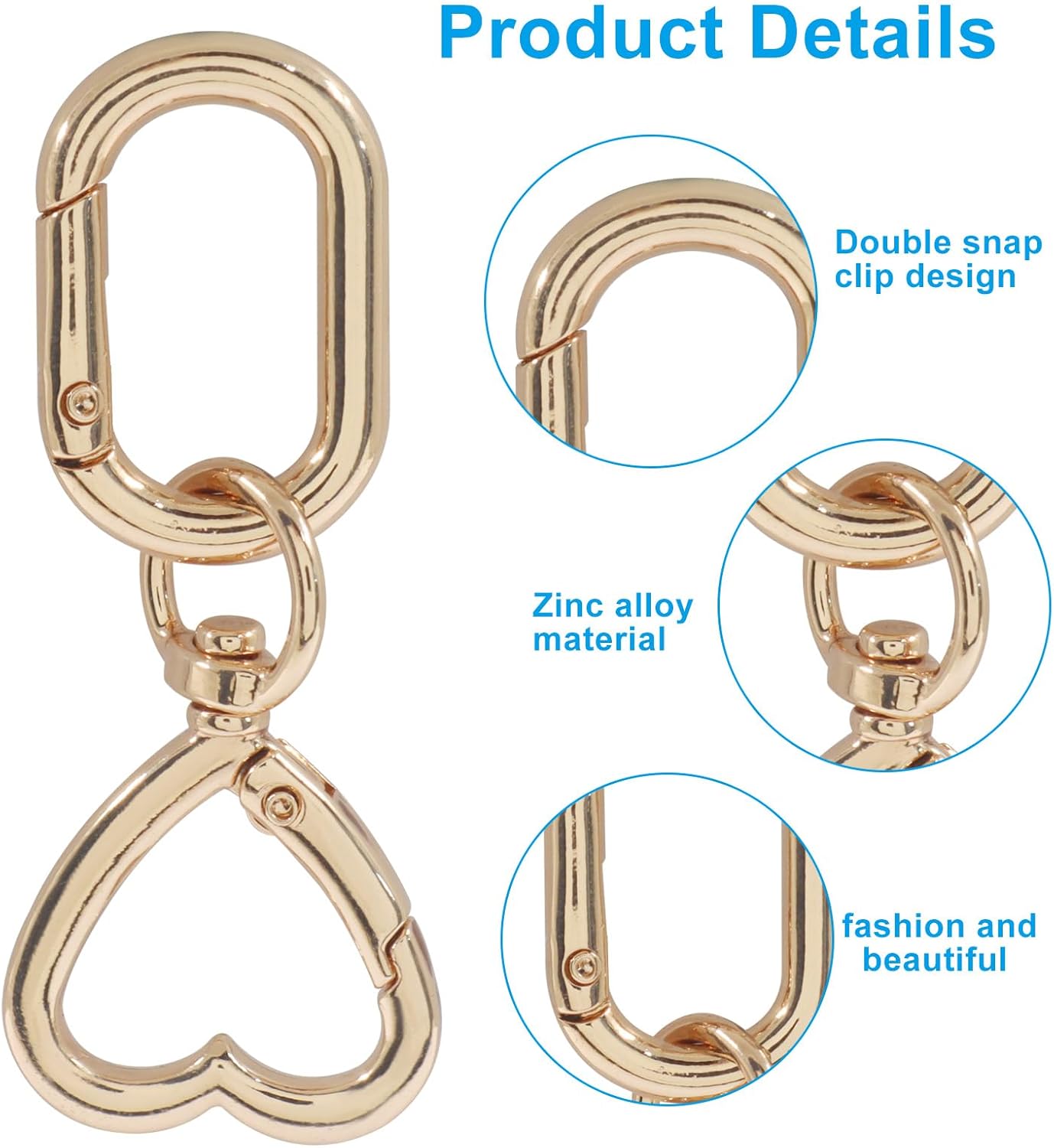 2Pcs Metal Swivel Spring Clasps, Double Opening Swivel Clasp Clips, Heart Key Chain Hook for Craft Making, DIY Crafts (Gold) - Image 4