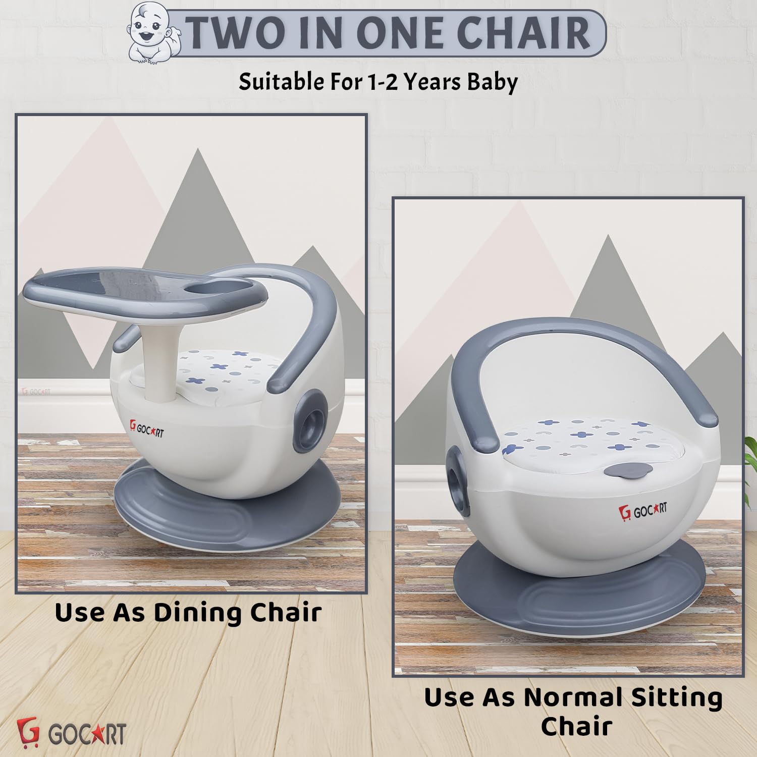 GOCART WITH G LOGO 4 Leg Baby Dining Chair With Detachable Tray And Pu Soft Cushion For 1-2 Year Kids And Toddler (Design-2) - White 4