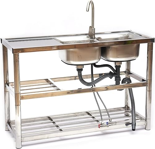 Miniatura 3 de Fregadero comercial de cocina con 2 cuencos, fregadero utilitario de 2 compartimentos con 2 escurridor y 2 estantes, fregadero de cocina