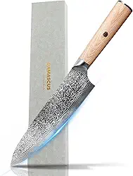Faca de chef japonesa de 20 cm - faca de cozinha de aço damasco de 67 camadas de 2 mm, lâmina profissional afiada para carne, sushi e legumes com cabo ergonômico de madeira e caixa de presente