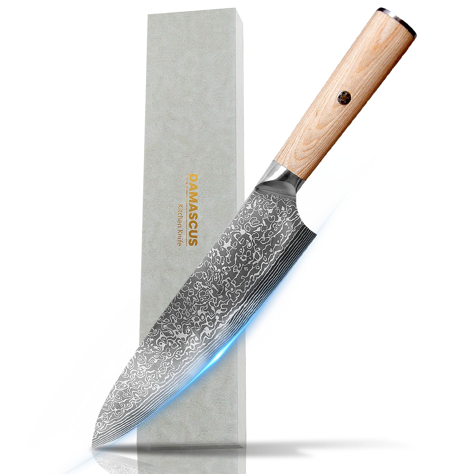Japanese Chef Knife 8 Inch - Damascus Steel 67-Layer 2mm Thin Blade Kitchen Knife, Sharp Professional Blade for Meat, Sushi & Vegetables with Ergonomic Wood Handle & Gift Box （1 Piece）