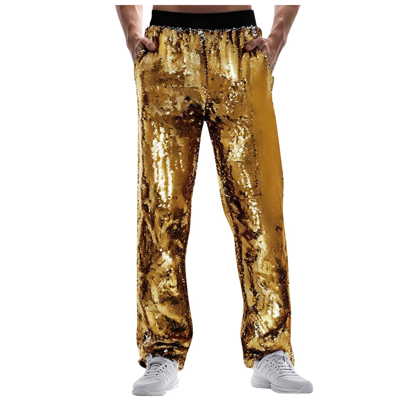 Pantalones de lentejuelas para hombre con purpurina, metálicos, largos, brillantes, de los años 70, traje de discoteca, cintura elástica, pantalones de ocio, actuaciones escénicas, pantalones