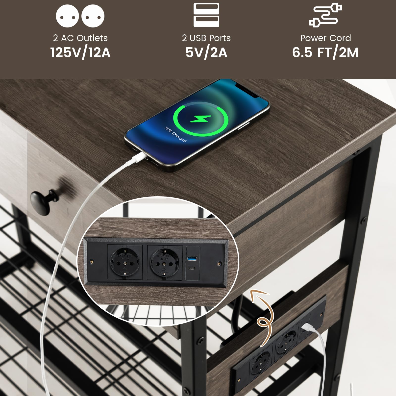 LIFEZEAL Tavolo consolle con presa elettrica, tavolo da corridoio industriale con porte USB, tavolo d'ingresso con ripiani e cassetti, tavolino sottile, 81x30x81 cm (grigio)