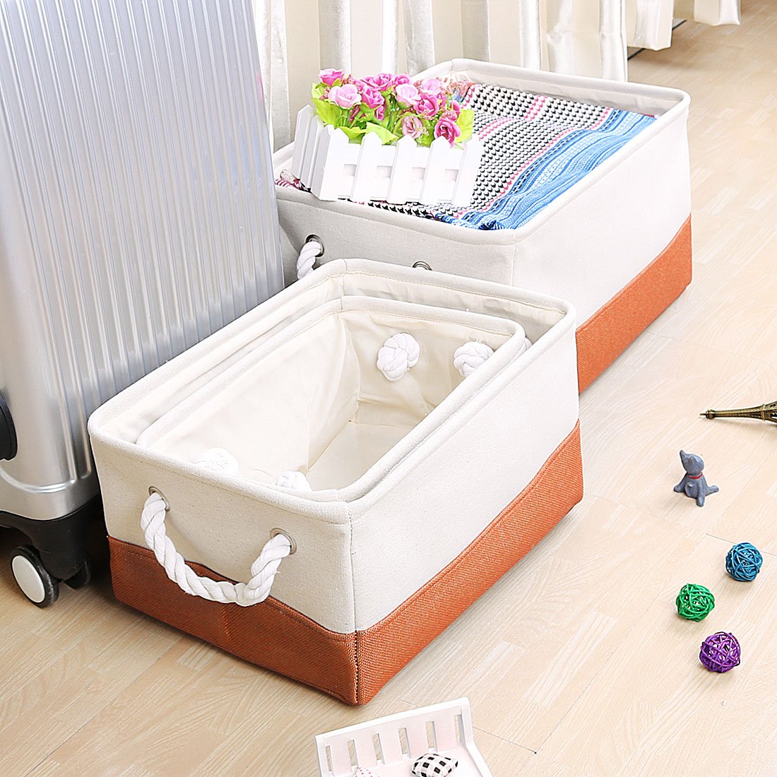 sourcing map Casier de Rangement Tissu Organisateur Armoire Placard Tiroir Panier Caisse Pour Vêtement Livres Poignées Pliable linge Orange 41x31x21cm