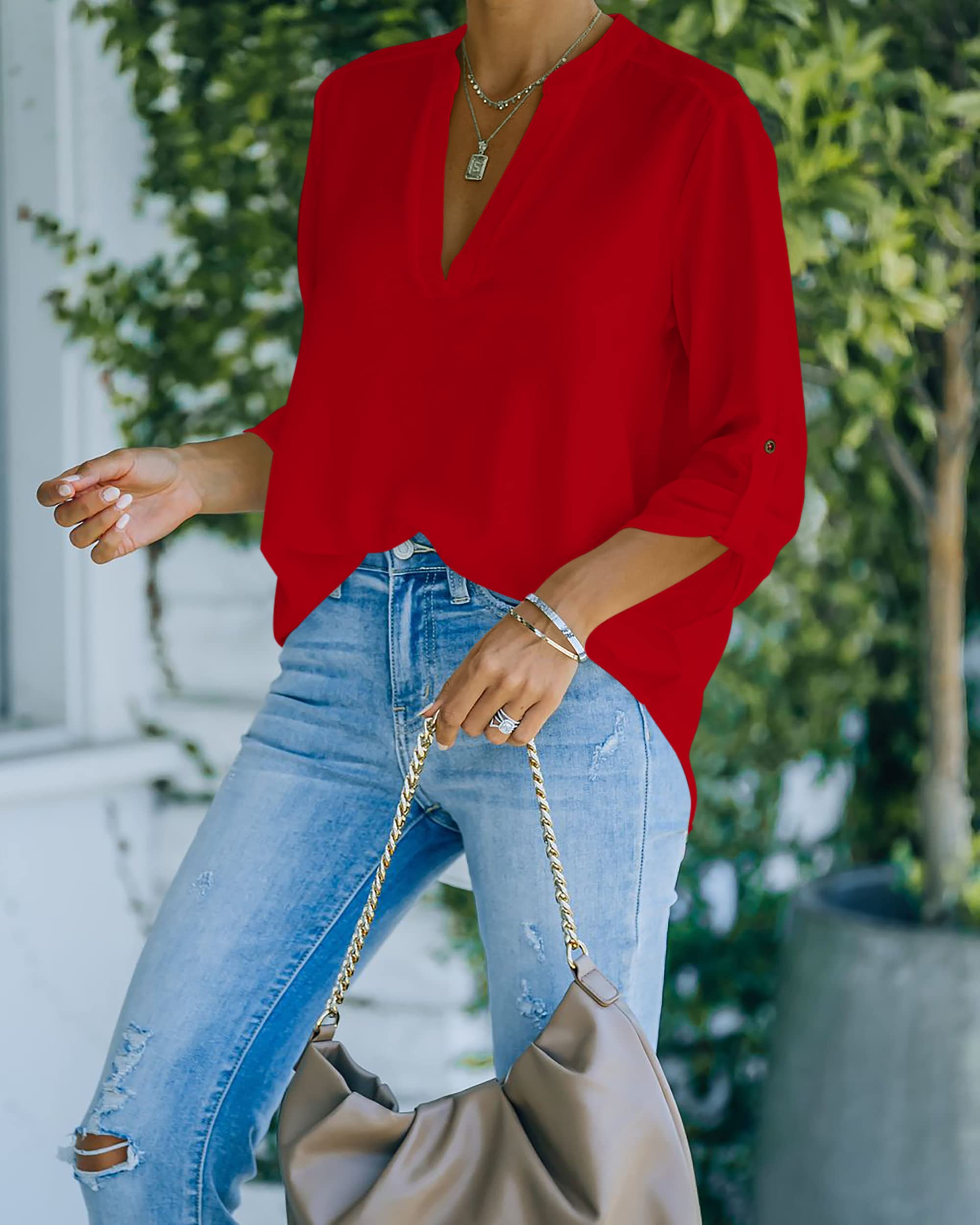 NONSAR Camicetta da donna Henley, elegante, con scollo a V, maniche arrotolabili, in stile casual