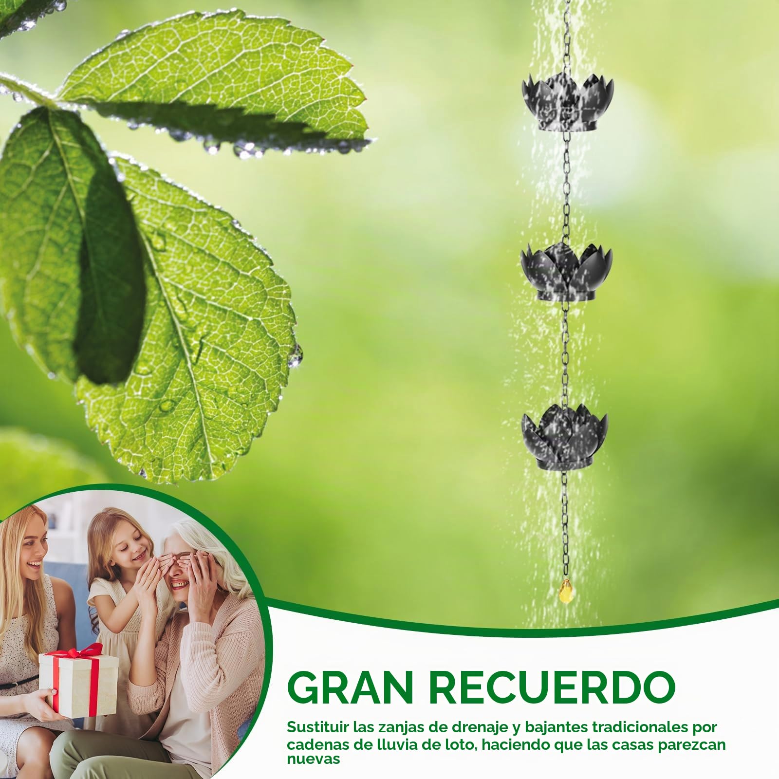 Cadena para la lluvia, para canalones, con gancho en S, cadena de drenaje, longitud ajustable, cadena de lluvia con imitación de nenúfares, para exteriores, casa, decoración de jardín (negro)