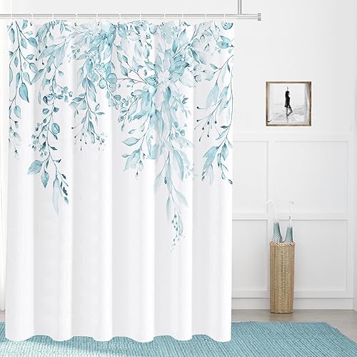 Vista 496 de Tititex - Juego de cortinas de ducha de eucalipto verde oliva, hojas de acuarela en la parte superior con decoración floral de baño, 60 x 72 Hojas