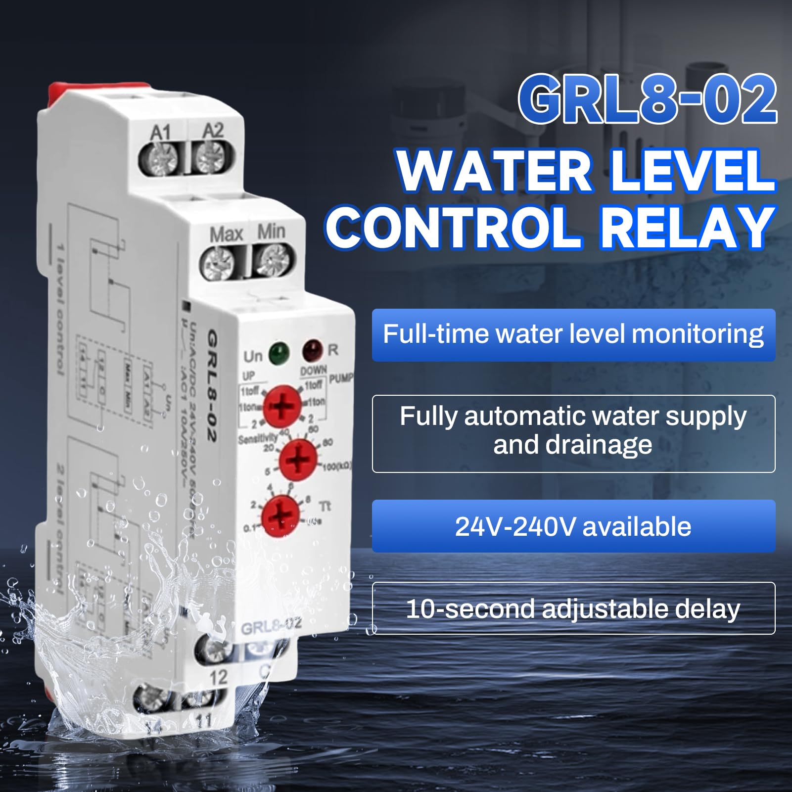 Jadeshay Flüssigkeitsstand Zeitrelais GRL8-02 Flüssigkeitsstandregelrelais Wasserstandsregler 10A AC/DC 24V-240V