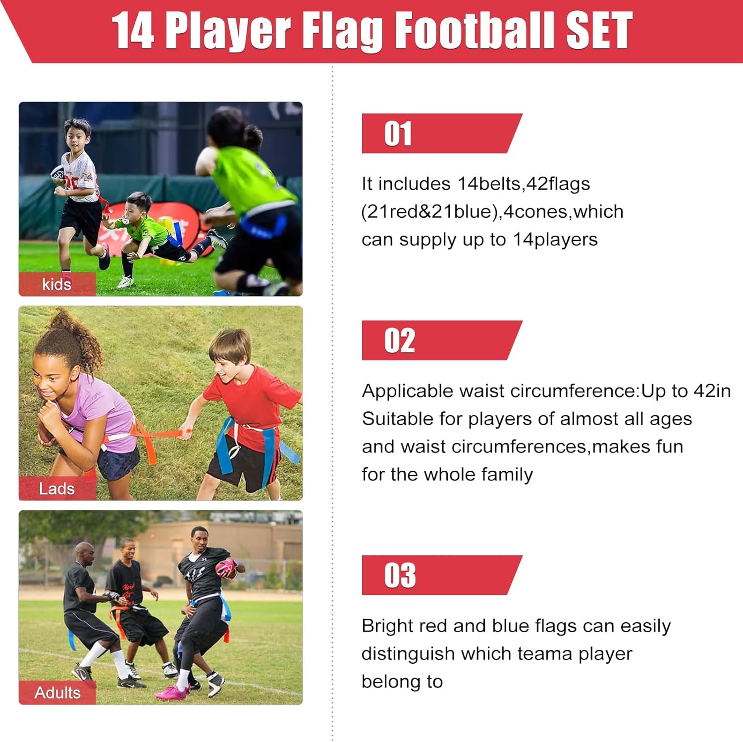 Flag Football Belts, 14 Player Adjustable Flag Football Set with 42 Flags for Youth, Teens, Youth and Adults Sports Training Equipment, Easy Tear Away