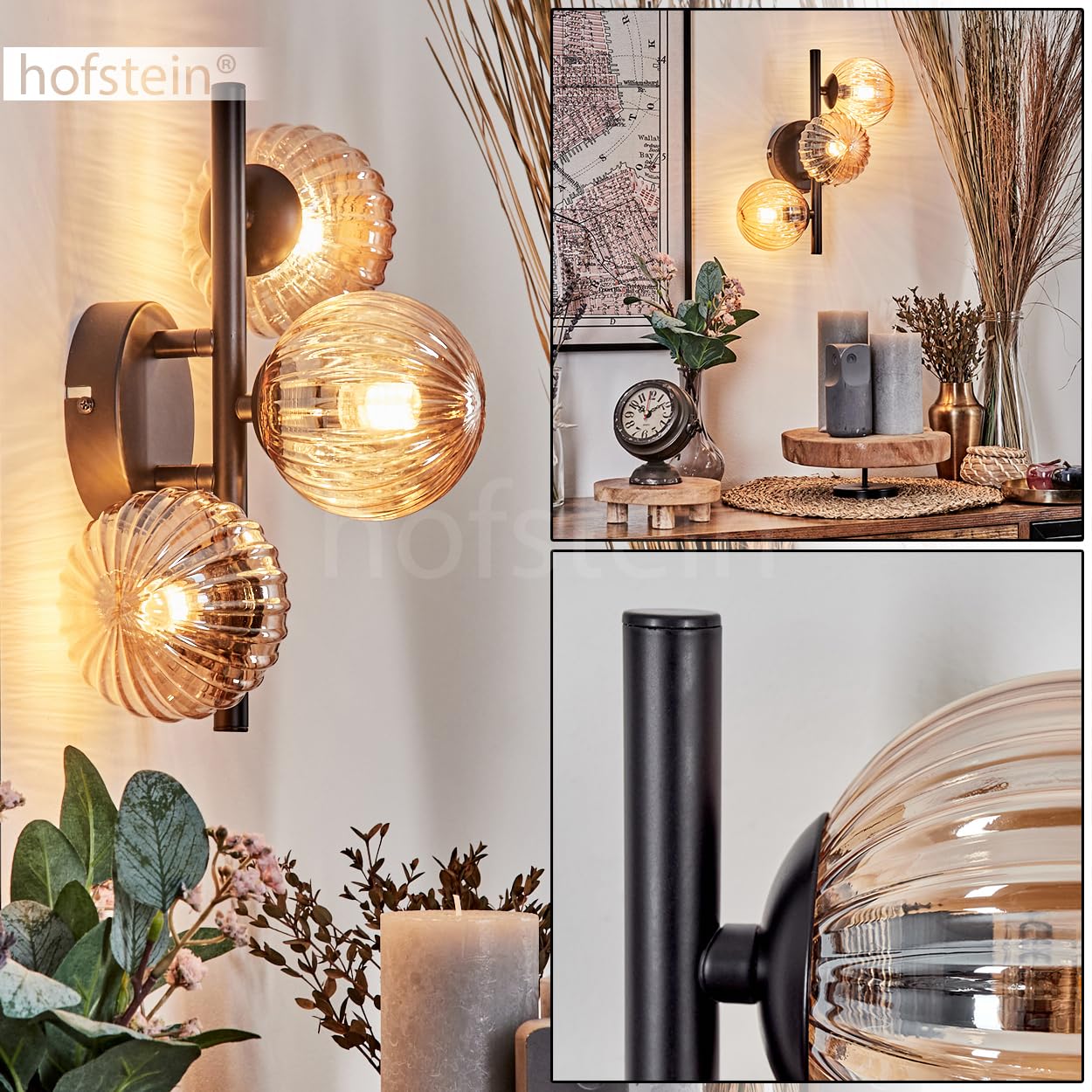 Wandleuchte Chehalis, Wandlampe aus Metall/Riffelglas in Schwarz/Bernstein, Leuchte im Retro/Vintage-Design m. Schirmen aus Glas (Ø 10 cm) u. An/-Auschalter am Gehäuse, 3 x G9, ohne Leuchtmittel