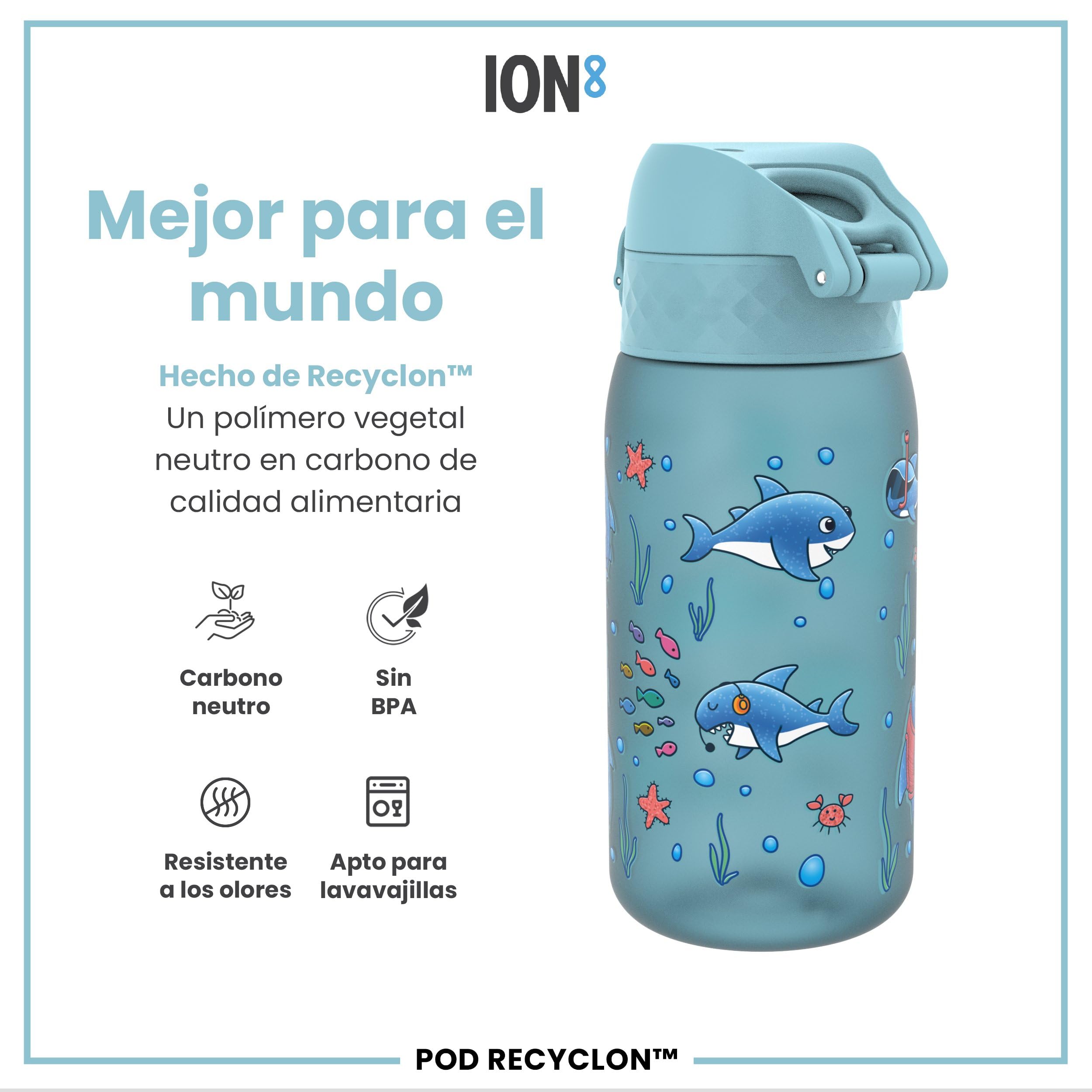 ION8 Botella de Agua para Niños, 350ml, a Prueba de Fugas, Fácil de Abrir, Cerradura Segura, Apta para Lavavajillas, Sin BPA, Asa de Transporte, Fácil de Limpiar, Neutro en Carbono, Tiburones