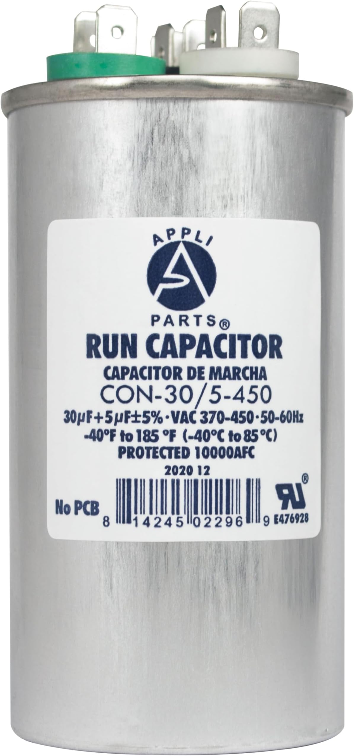 Appli Parts Dual Run Capacitor for ac 30+5 Mfd uF (microfarads) 370VAC or 450VAC CBB65 Round Universal fit for HVAC and Other Applications 4-1/4 in High 2 in Wide CON-30/5-450