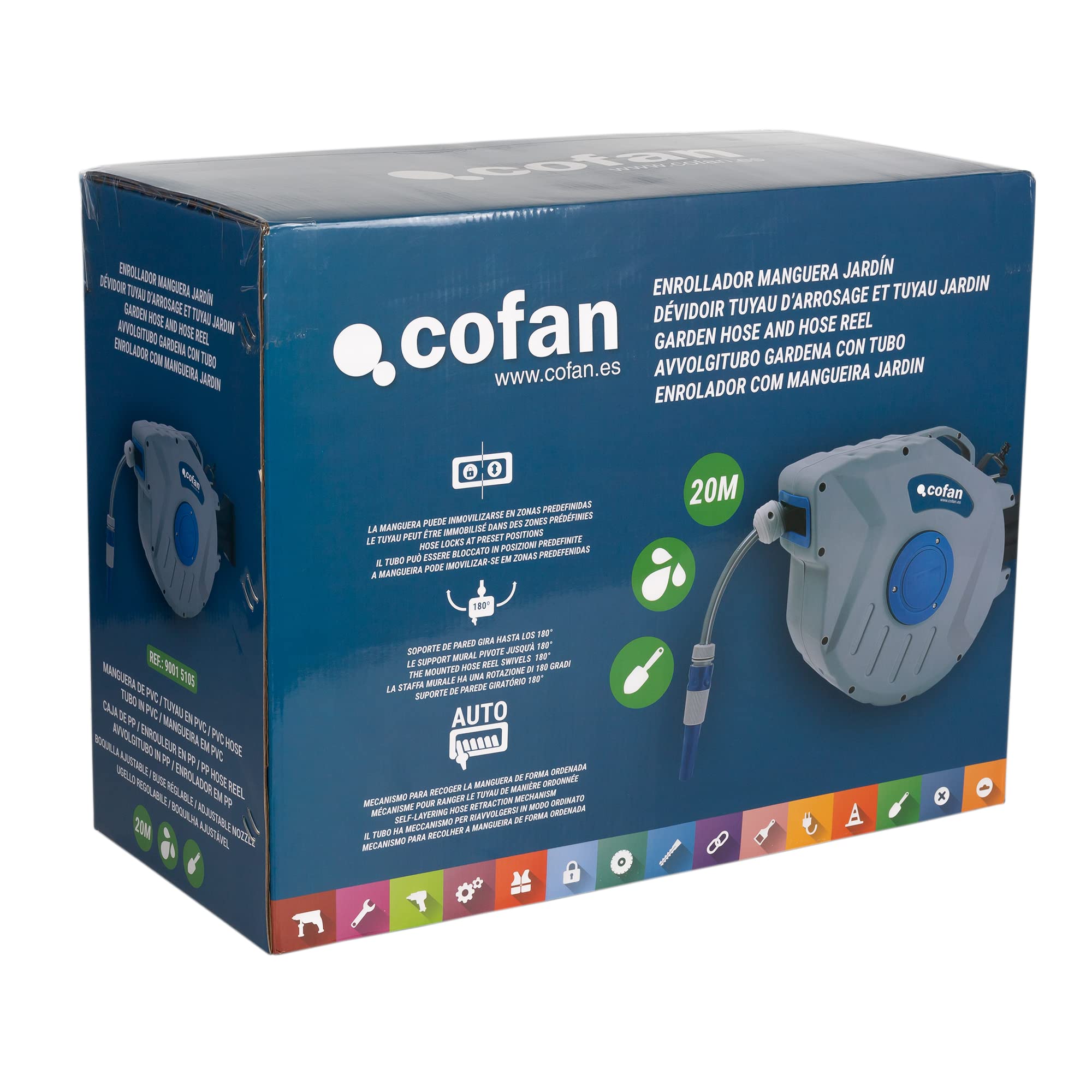 Cofan Enrollador Automático de Manguera |Para Jardín | Longitud 20 m | Diámetro 15 mm