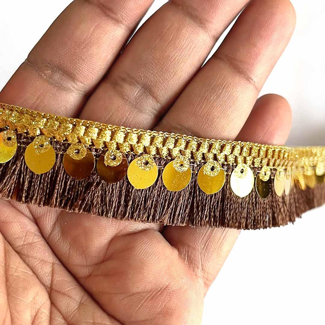 Craft Shop India Silk or Zari Thread Tassel Fringe Sequenced Lace & Border, 9 Meters, for Saree, Dupatta, Lehenga, Suit, Blouse & Home Furnishing, Crafting DIY (Coffee)