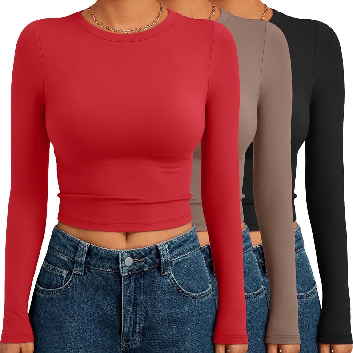 AUTOMET 3 Pack Womens Long Sleeve Shirts Y2K Going Out Crop Tops Cute Basic Slim Fitted Fall Fashion Outfits 2025 Clothes