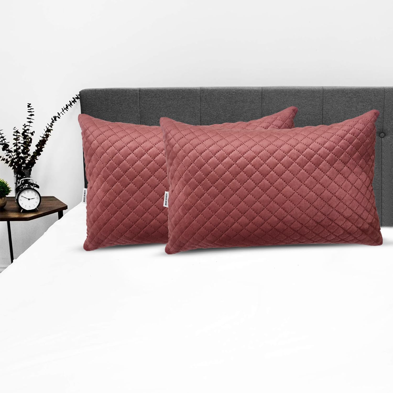 Rectangular Bed Pillow Cushion Cover for Bed | Soft for Comfort & Back Support | Washable | Premium Velvet Kuilted Outer Cover with Zip | Pack of 2 (15" x 22") (Walnut Cream)-image-36
