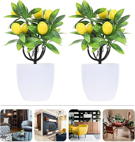 Miniatura 7 de INOOMP Decoración artificial de planta de árbol de limón, 9.45 pulgadas, mini tallos de frutas en maceta, decoración de macetas verdes falsas,