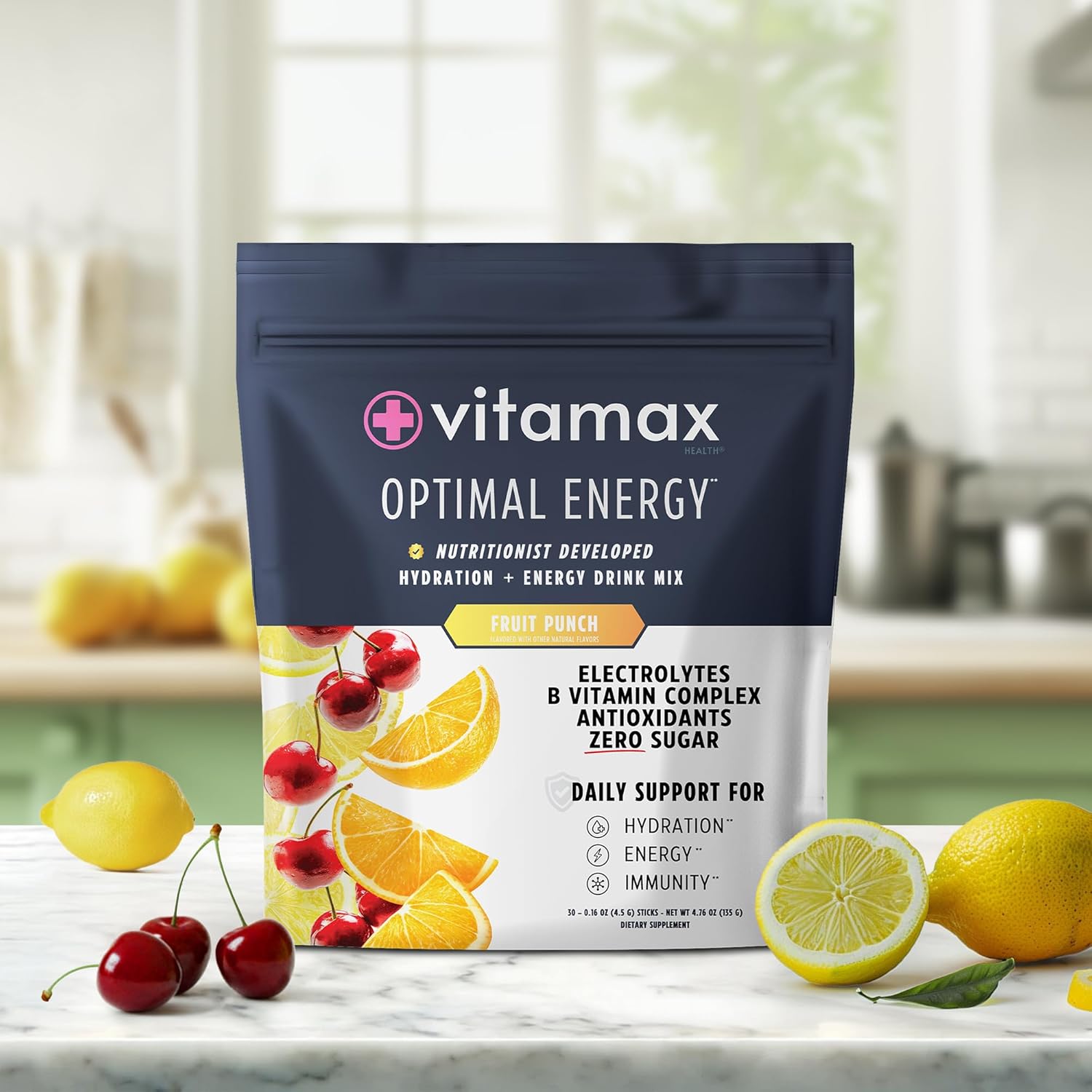 Optimal Energy - Fruit Punch - Sugar Free Hydration Recovery Powder Stick Packs | B Vitamin Complex Electrolyte Drink Mix | Easy Open Single-Serving | Non-GMO | 30 Servings
