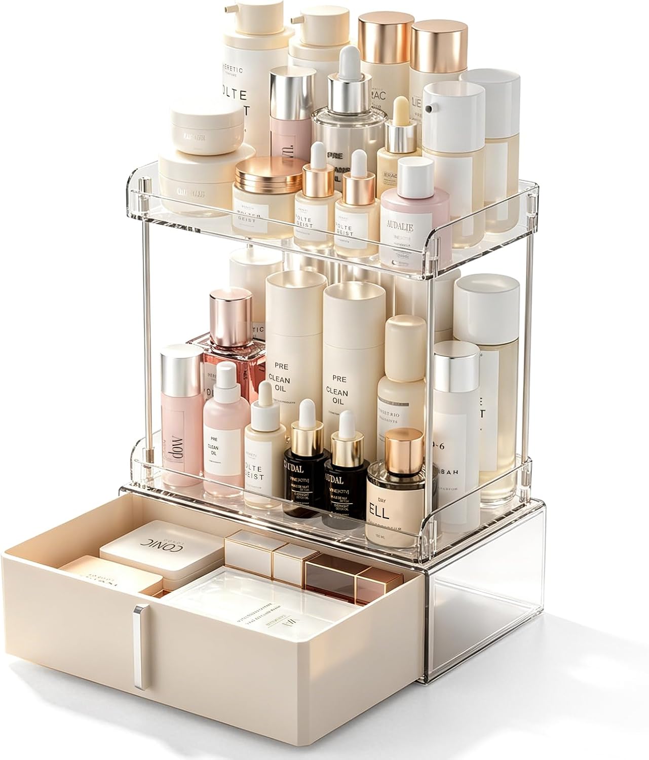 Pajiriona Makeup Organizer,Skincare Organizer for Vanity,2-Tier Large Capacity Cosmetic Storage Box for bathroom organizers and storage,Clear Cosmetic Display Case for Bedroom Countertop.