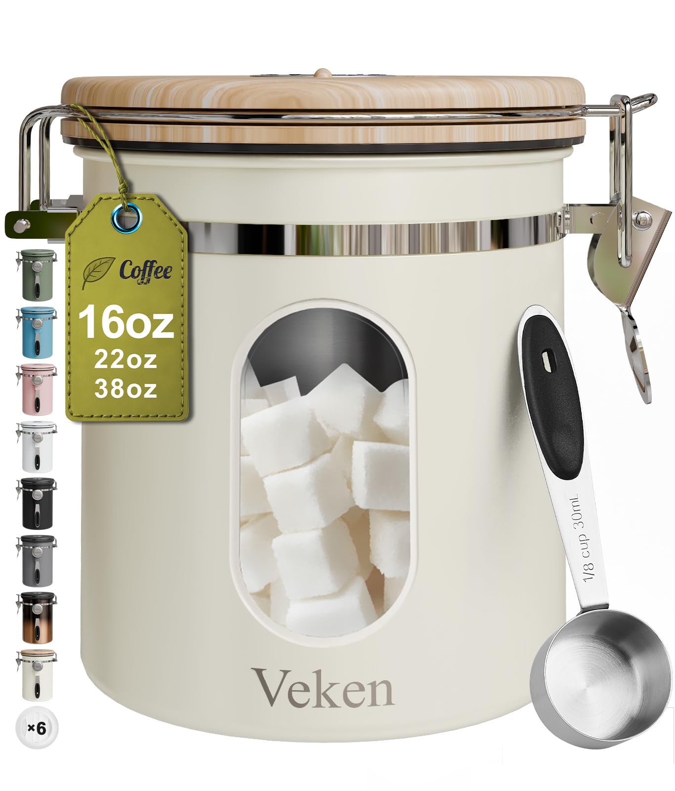 Veken Coffee Sugar Canister with Window, Airtight Stainless Steel Kitchen Food Storage Container with Lids, Date Tracker and Scoop for Grounds Coffee,