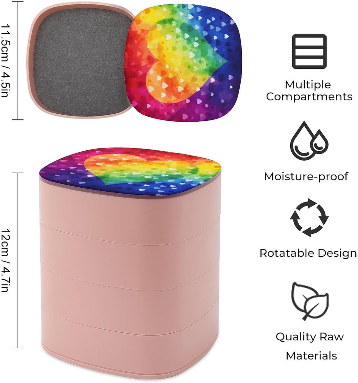Functional 4-Layers Rotatable Colorful Rainbow Love Heart Jewelry Box with Lid for Women Jewelry Organizer with Mirror Fashionable Jewelry Tray Case for Earrings Rings Bracelets image 2