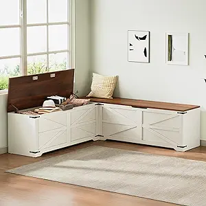 DWVO L-Shaped Storage Bench, 18" High Corner Dining Bench with Storage, Wooden Nook Storage Chest for Living Room, Bedroom